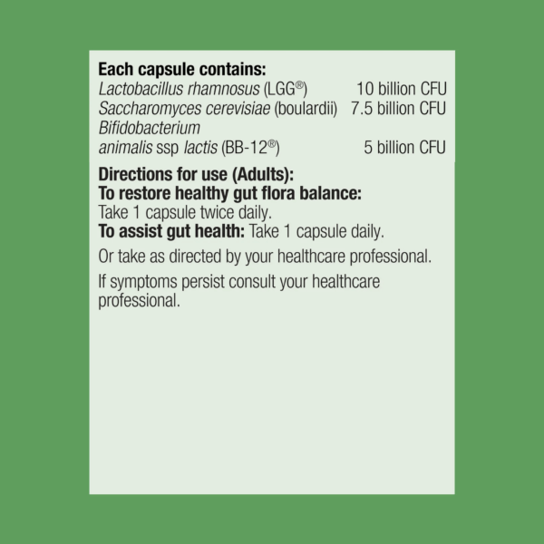 UltraFlora Intensive Care Probiotic 60 Capsules deliver per serving: Lactobacillus rhamnosus (10 billion CFU), Saccharomyces cerevisiae (7.5 billion CFU), and Bifidobacterium animalis (5 billion CFU), with dosage guidelines for adults.